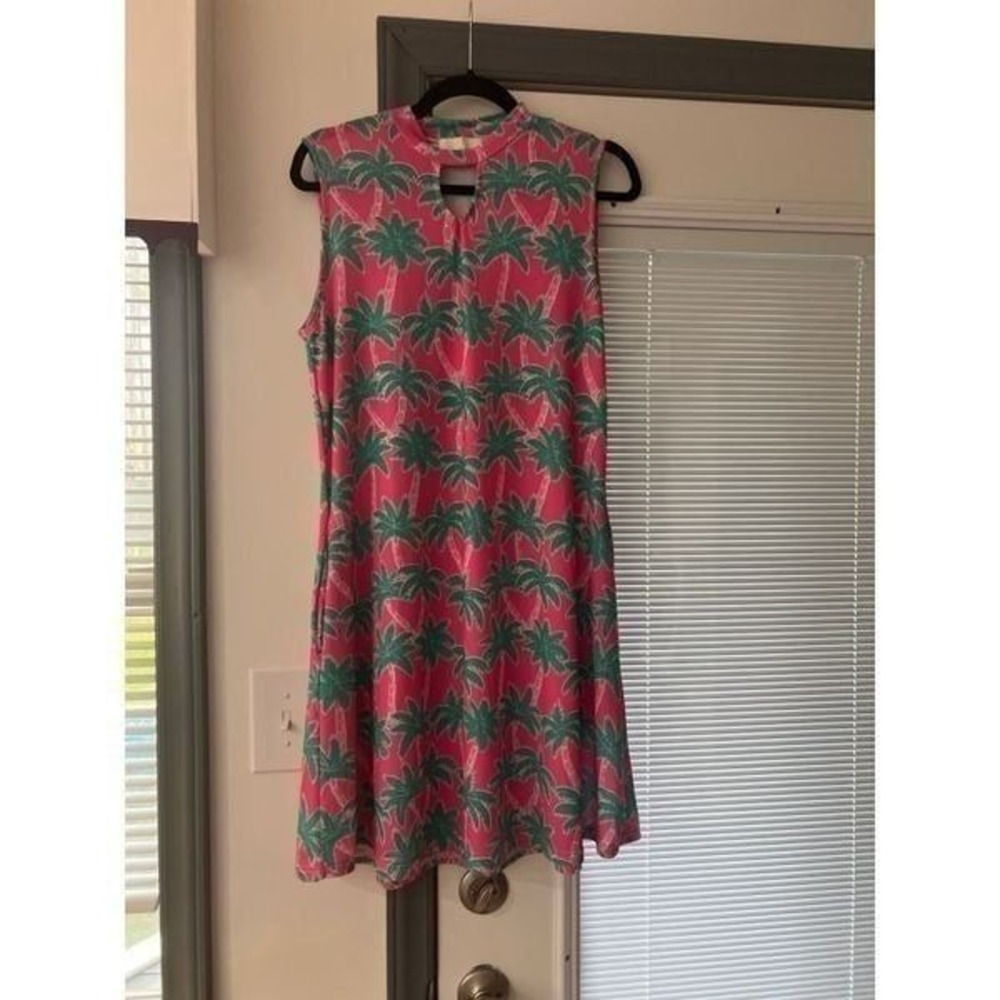 Simply Southern Sleeveless Stretchy Palm Tree Dress Keyhole Neck Pink‎ Teal M